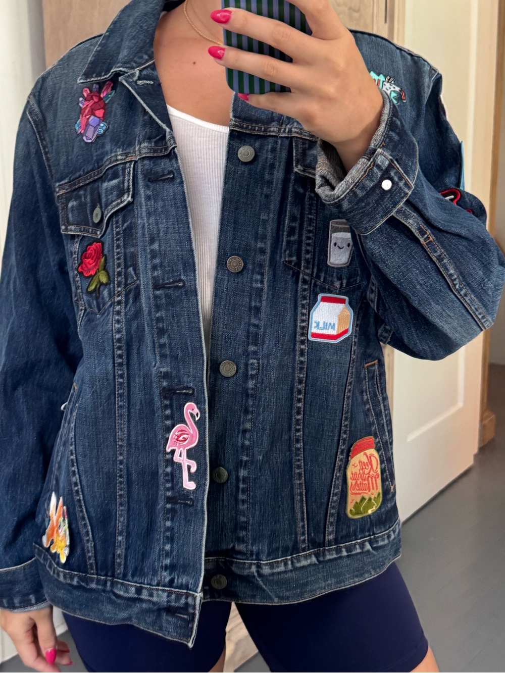 Embroidered Patch Dark Blue Denim Jacket - Women